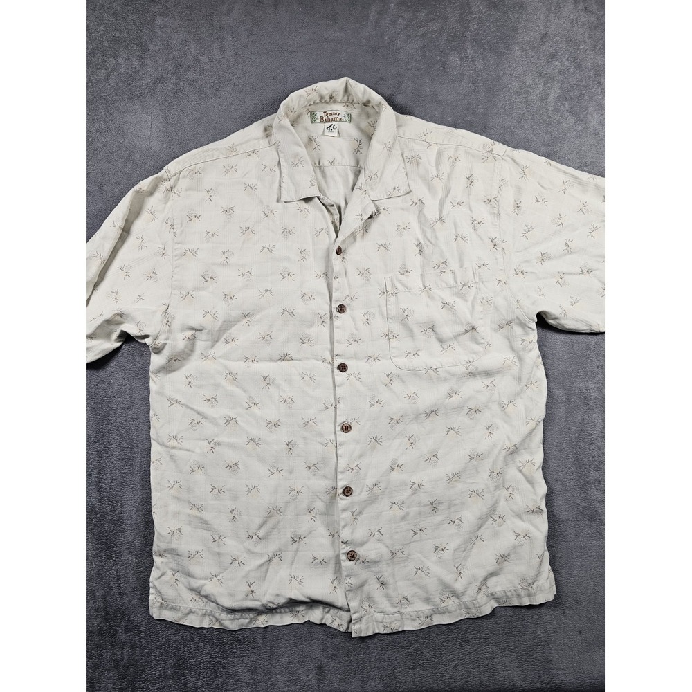 Tommy Bahama Mens Large Camp Shirt Beige Micro Palm Print Coconut Buttons - Picture 6 of 7